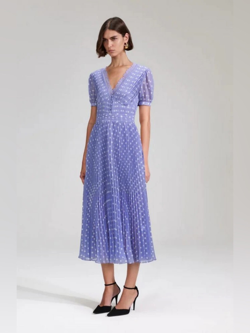 Self-Portrait Lilac Polka-Dot Print Pleated Chiffon Midi Dress US 8